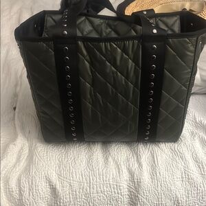 Green and Black Quilted Tote with Studded Details